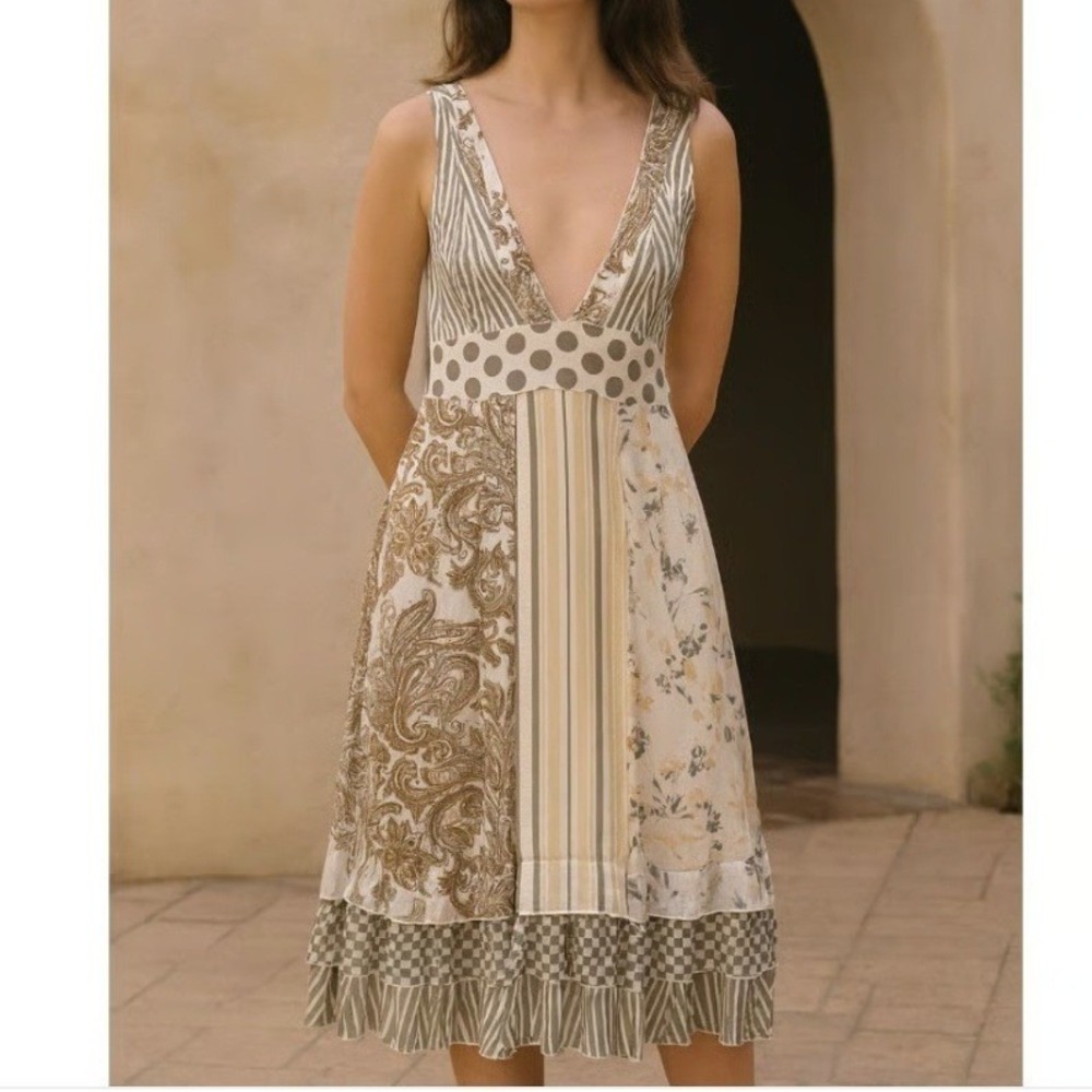 Anthropologie Patchwork Midi Dress in Cream and Olive